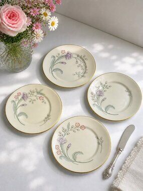 VTG 70s/80s Lenox Heiress Bread Plates Set Of 4 Floral 6.5" Cream Gold Trim USA